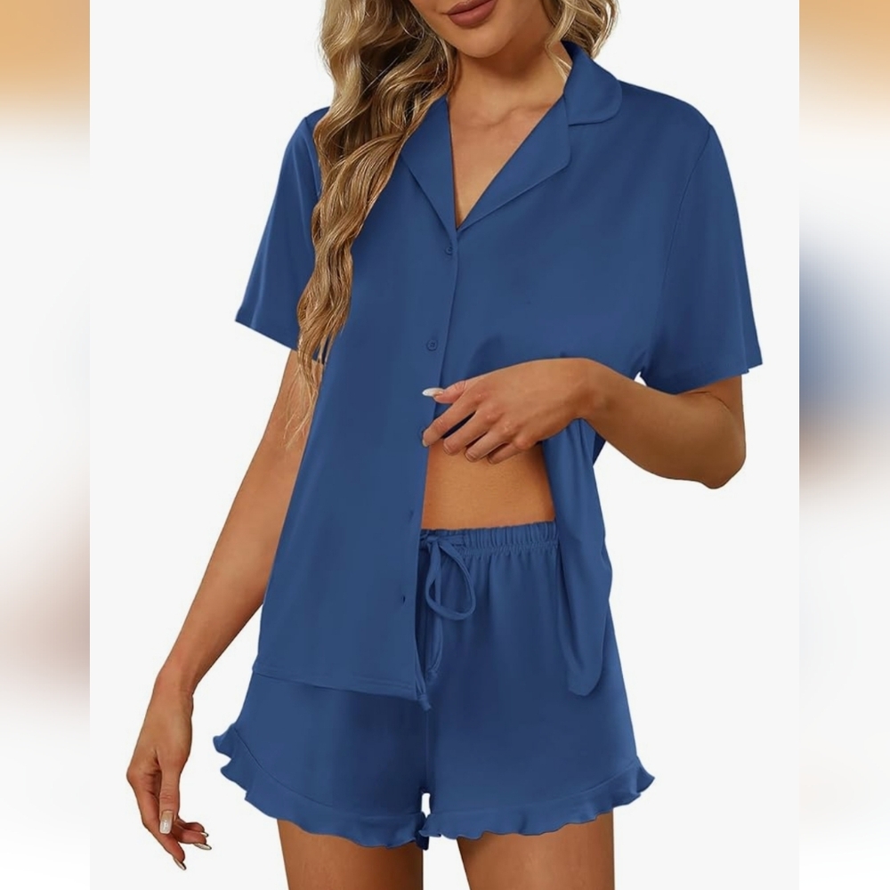 💝NWT Ekouaer Pajamas Set Short Sleeve Sleepwear Button Down Pjs Lounge Set Med